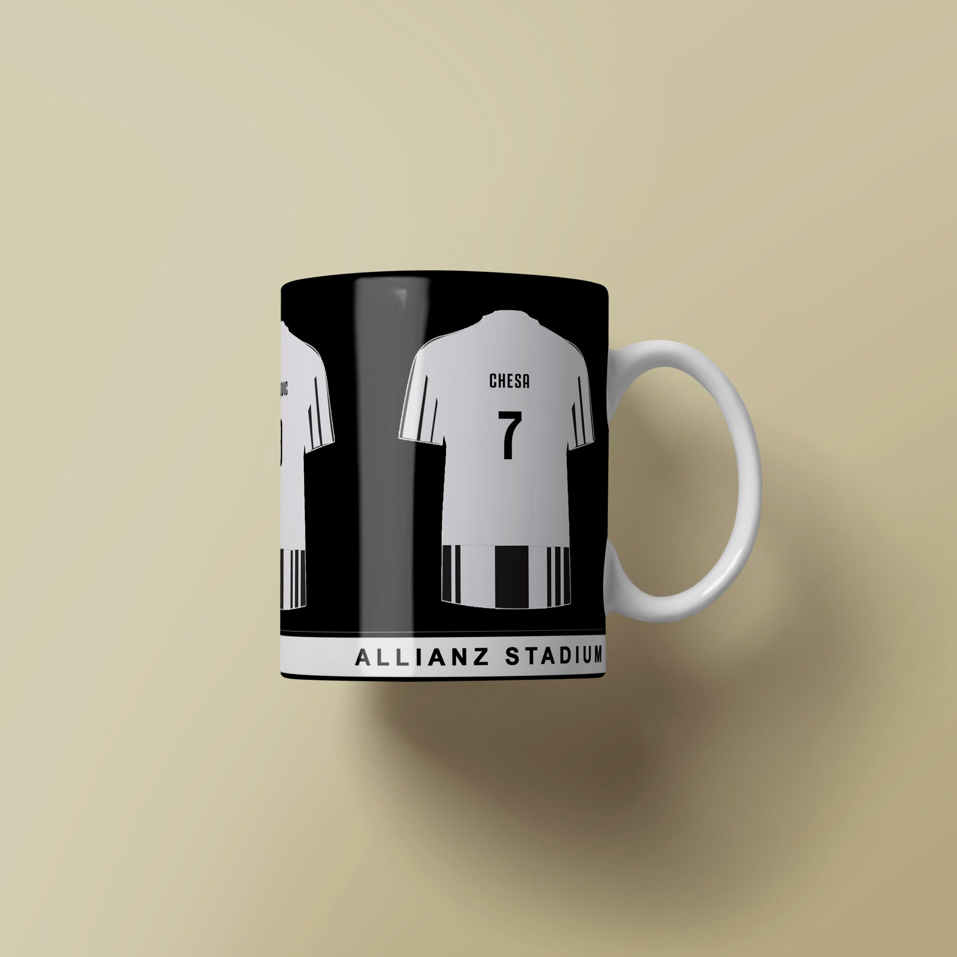 Mug with soccer jersey design and 'Allianz Stadium' text on a beige background