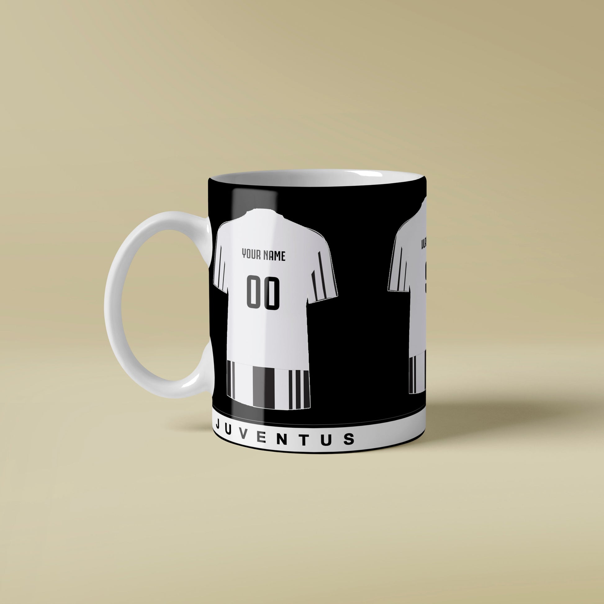 Mug with Juventus football jersey design on a beige background