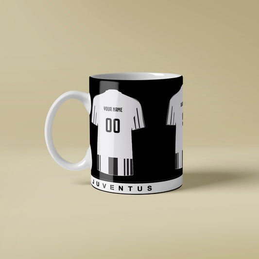 Mug with Juventus football jersey design on a beige background