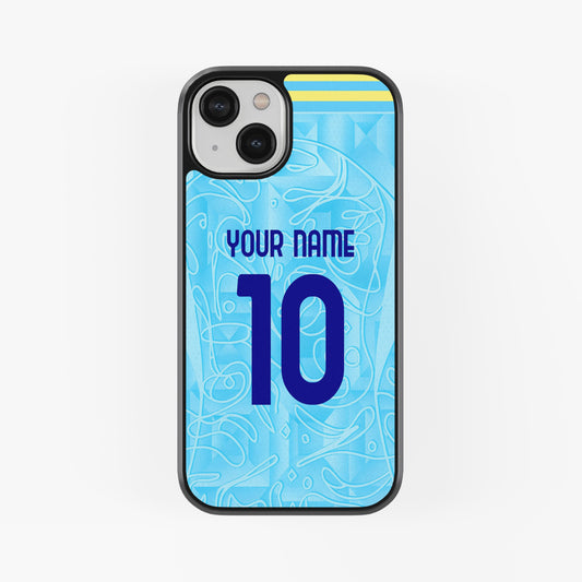 Phone case with customizable text on a light blue background