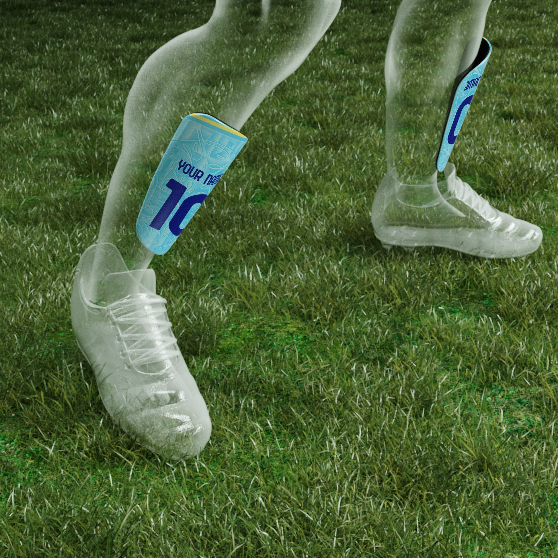 Clear plastic rain boots on a grassy field with personalized labels.
