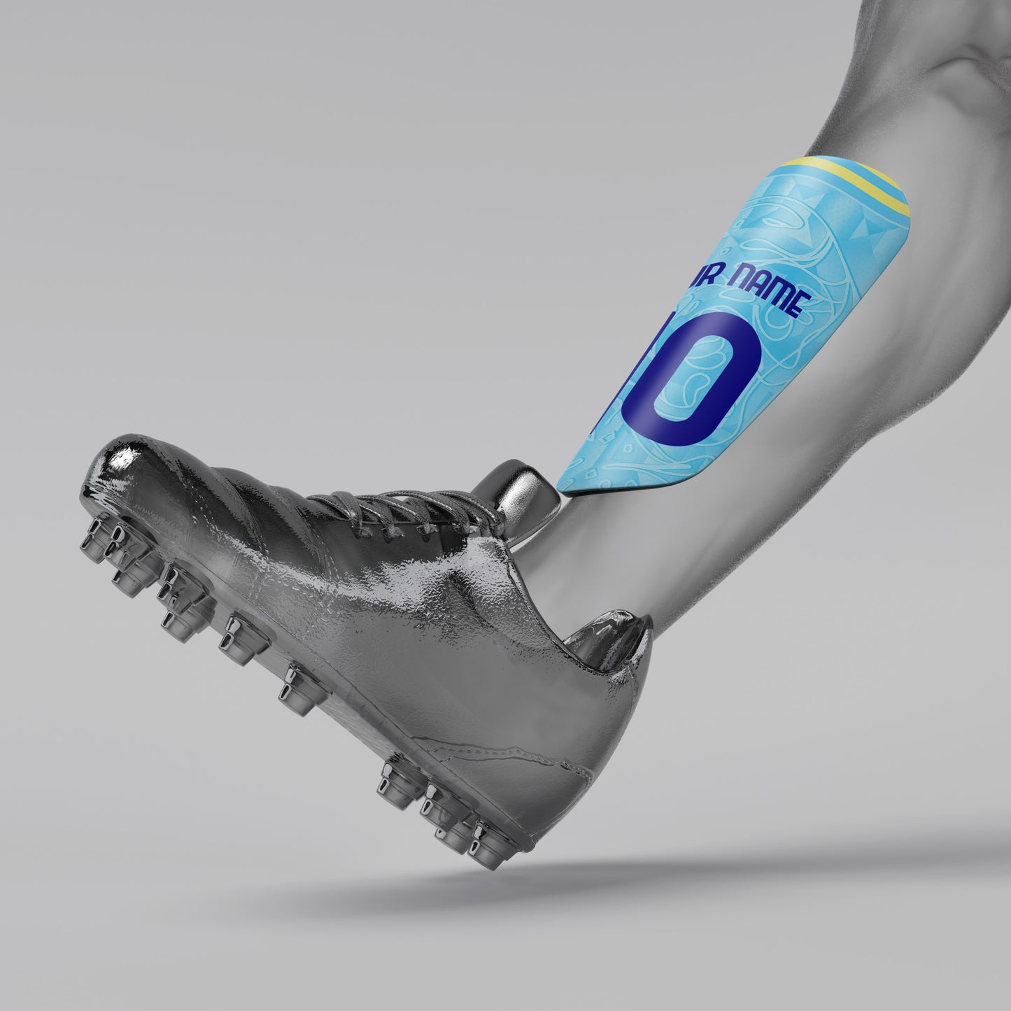 Gray soccer cleat with a blue ankle support and 'NAME' label on a gray background