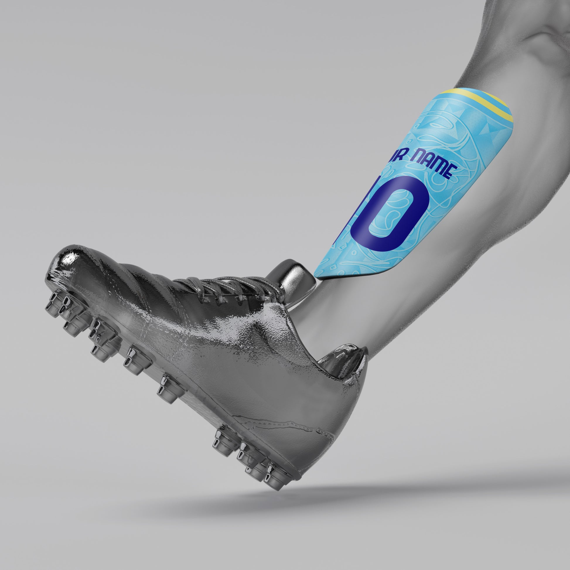 Gray soccer cleat with a blue ankle support and 'NAME' label on a gray background