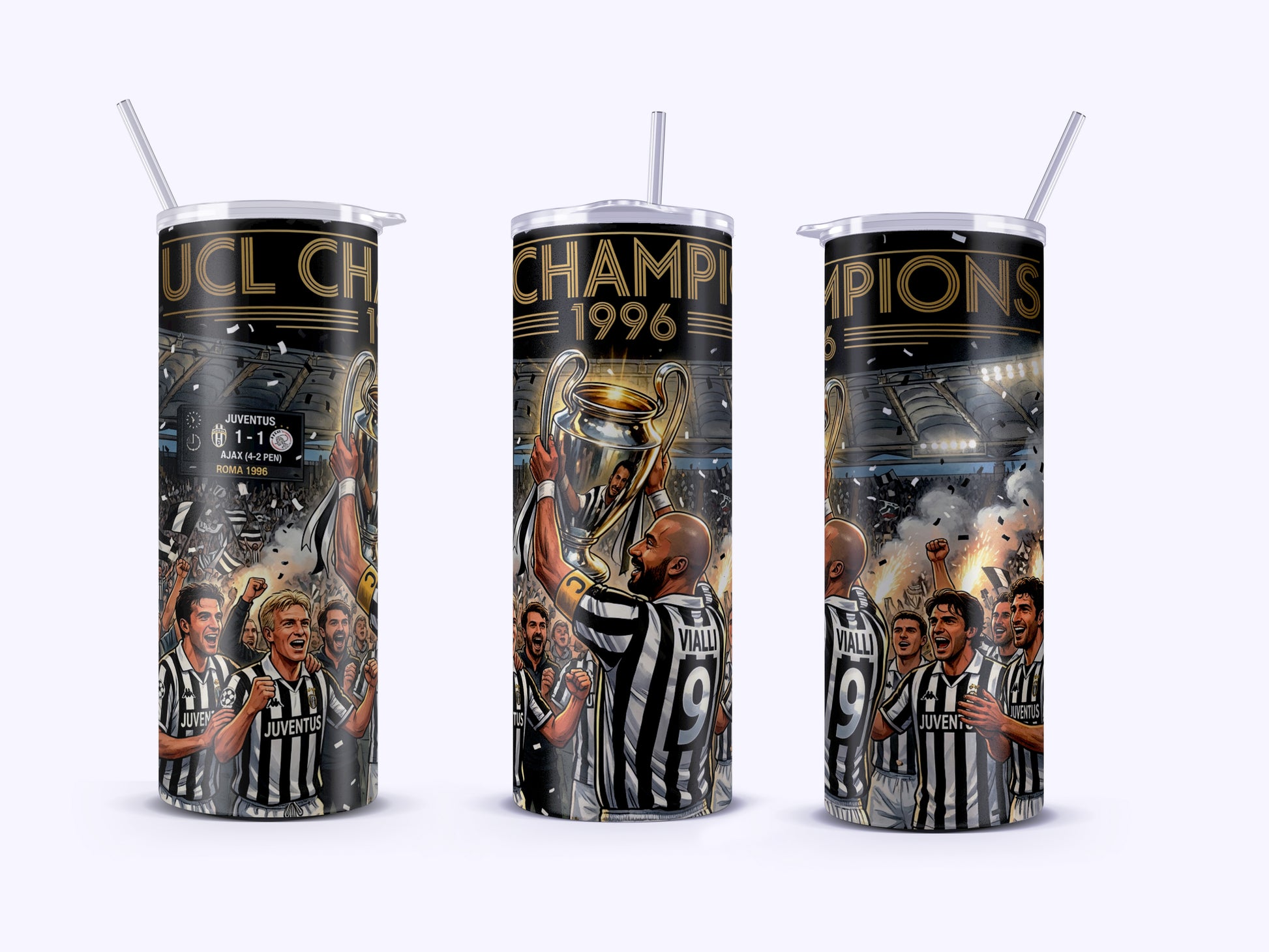 Three tumblers with soccer-themed designs featuring players and a trophy on a white background.