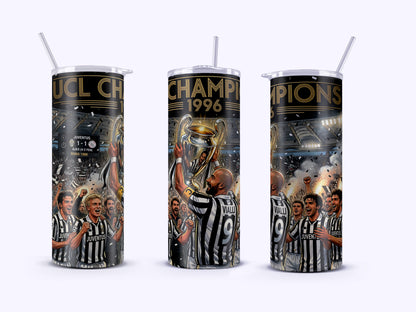 Three tumblers with soccer-themed designs featuring players and a trophy on a white background.