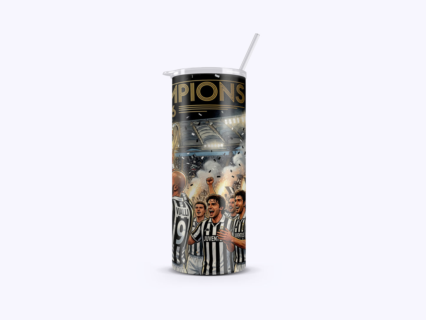 Tumbler with sports team design and 'Champions' text on a white background