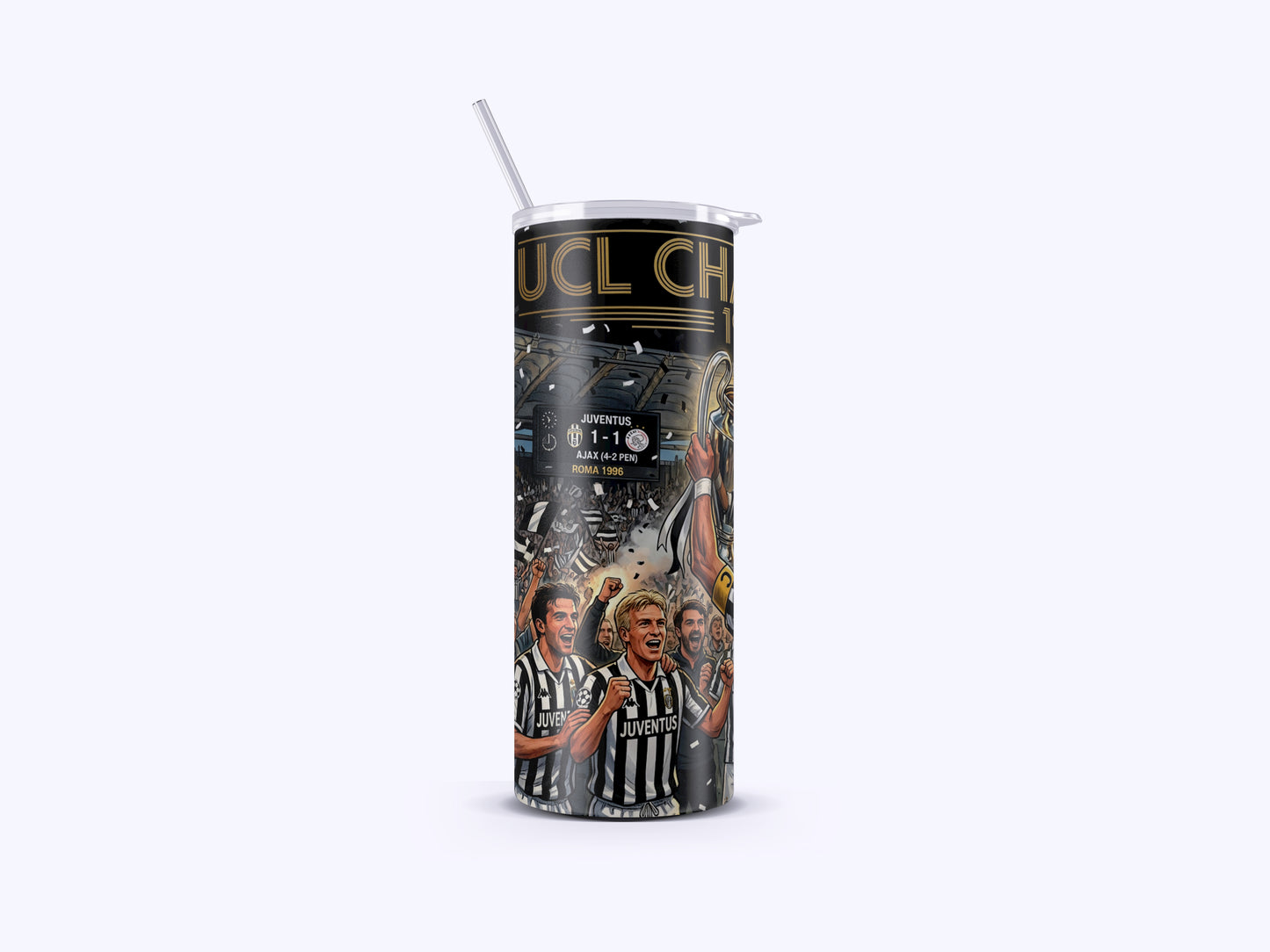 Tumbler with sports team graphics and text on a white background
