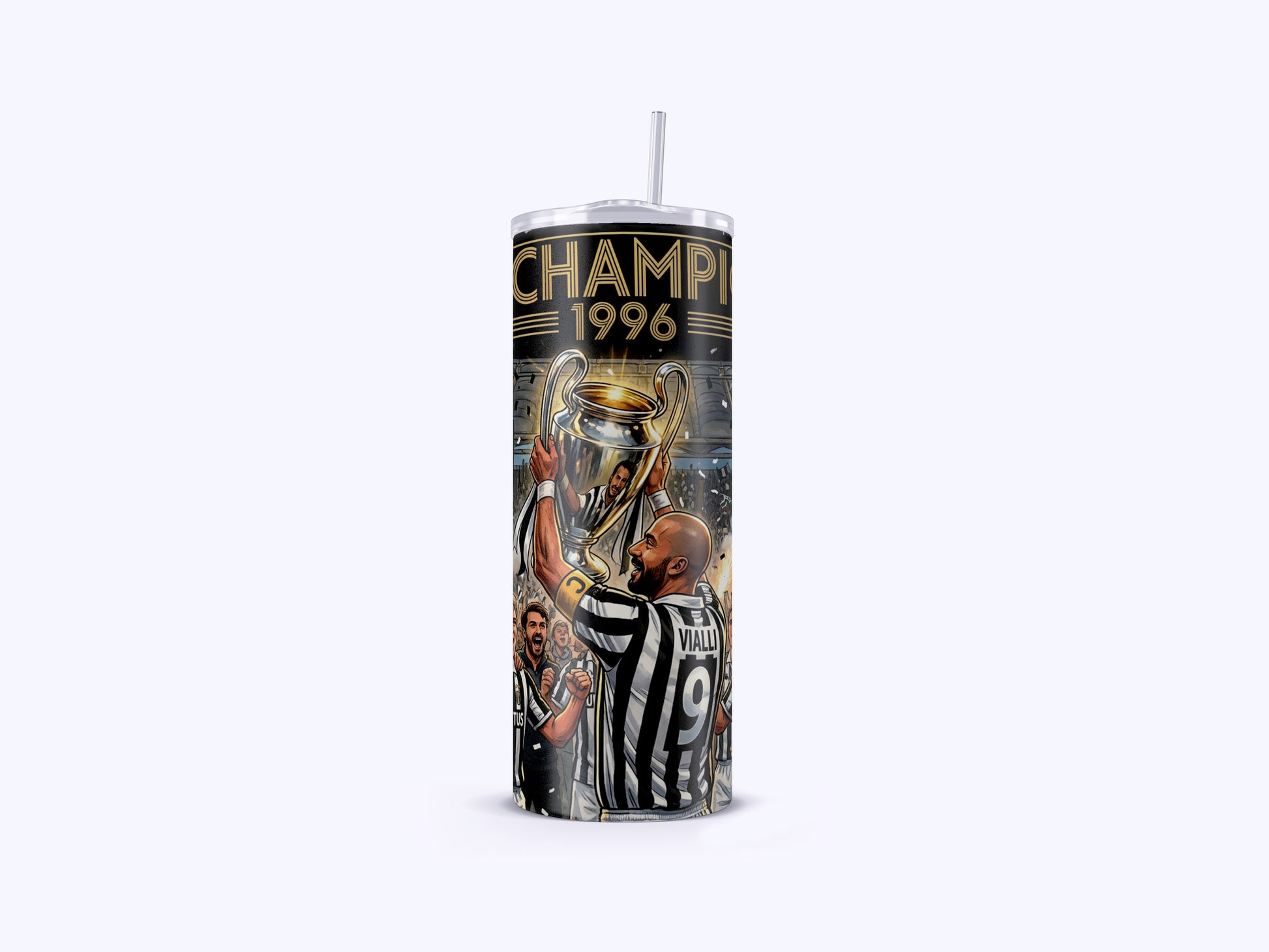 Tumbler with sports-themed design featuring a player holding a trophy and text 'Champ 1996' on a white background.