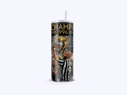 Tumbler with sports-themed design featuring a player holding a trophy and text 'Champ 1996' on a white background.