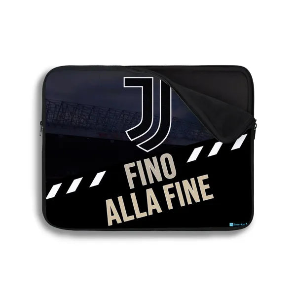Laptop sleeve with Juventus logo and 'Fino Alla Fine' text on a white background