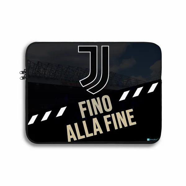 Laptop sleeve with Juventus logo and 'Fino Alla Fine' text on a black background
