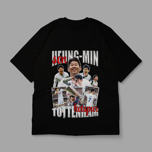 Black t-shirt with a collage of images and text on a gray background