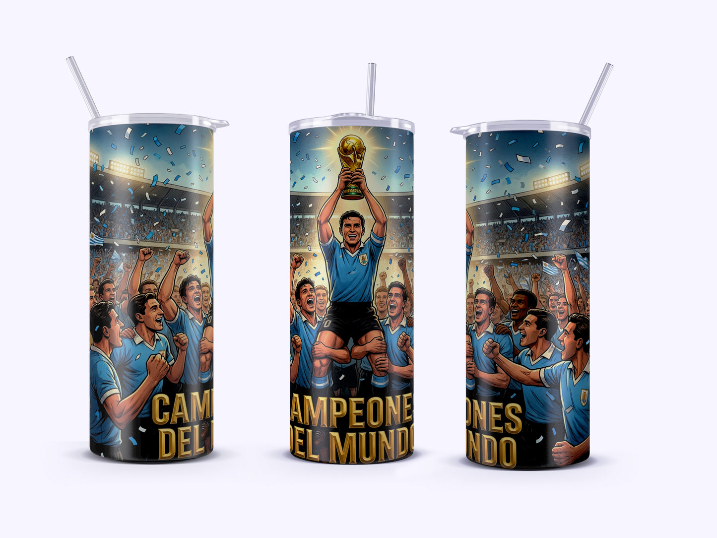 Three tumblers with soccer-themed designs and text on a white background