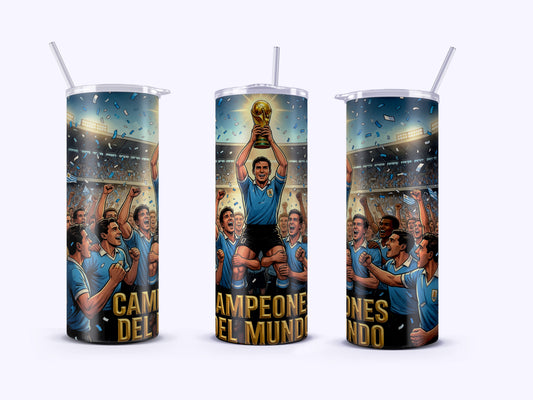 Three tumblers with soccer-themed designs and text on a white background