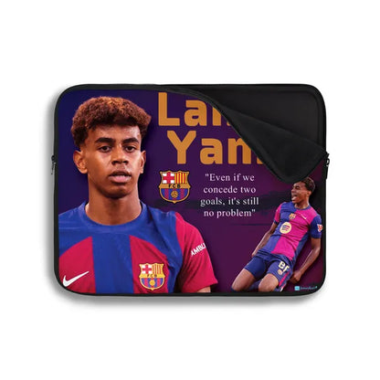 Laptop sleeve with a soccer player and Barcelona FC branding on a white background