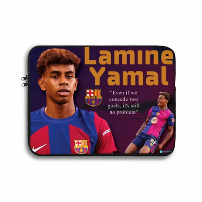 Laptop sleeve with a soccer player and text on a purple background