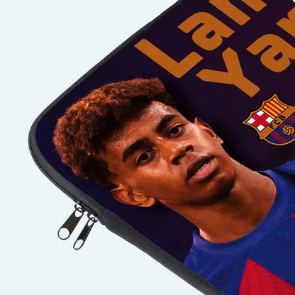 Phone case with a person's face and FC Barcelona logo on a dark background