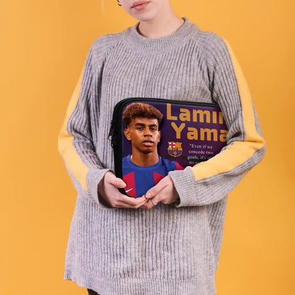 Person holding a pouch with a portrait and text of a football player on a yellow background
