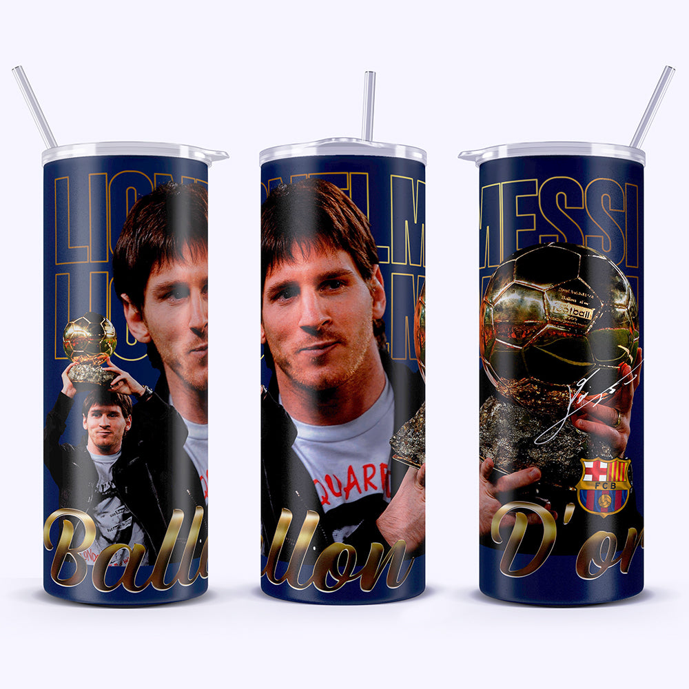 Three tumblers with images of a famous sports figure and text on a white background