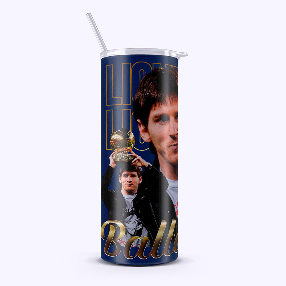 Tumbler with a design of a person holding a trophy and the text 'Ballon d'Or' on a blue background.