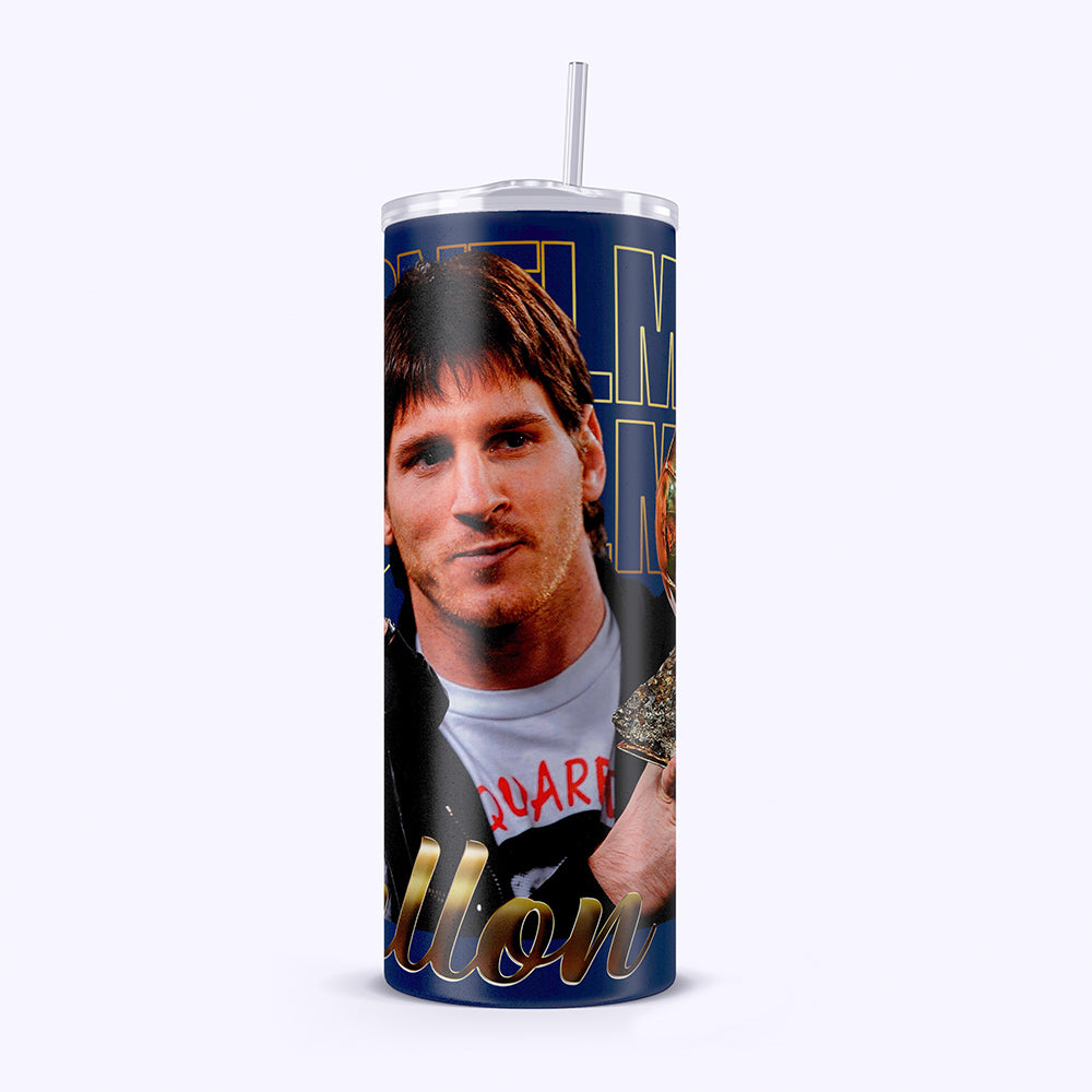 Tumbler with a portrait of a person and text on a white background