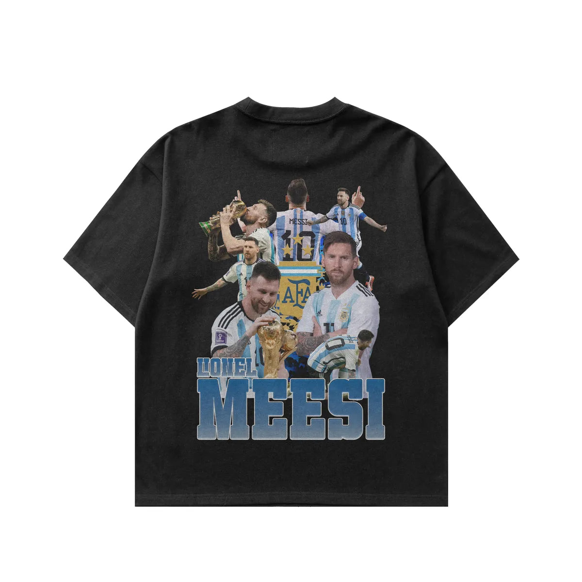 Black t-shirt with soccer-themed graphic and 'Meesi' text on a white background