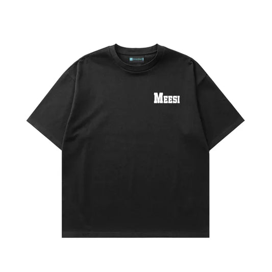 Black t-shirt with 'Mees!' logo on a white background
