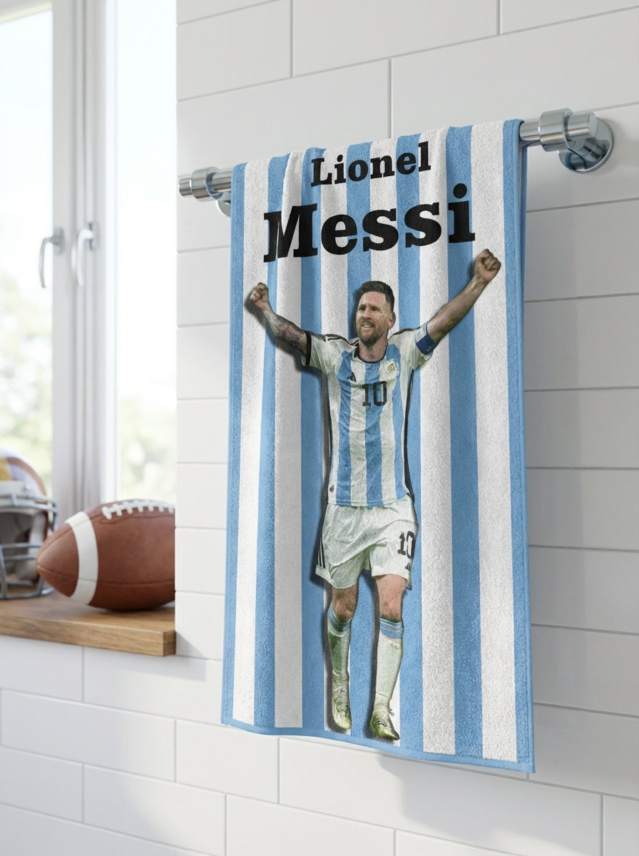 Towel with a graphic of a soccer player and 'Lionel Messi' text, hanging on a towel rack.