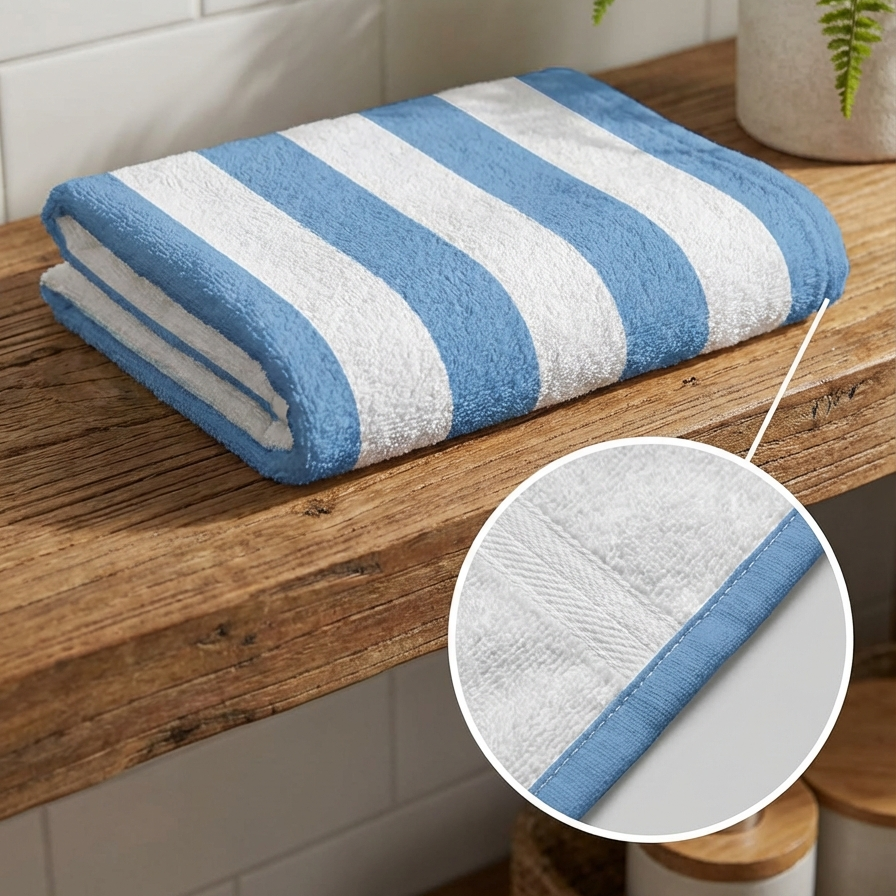 Blue and white striped towel on a wooden surface with a close-up of the fabric texture.