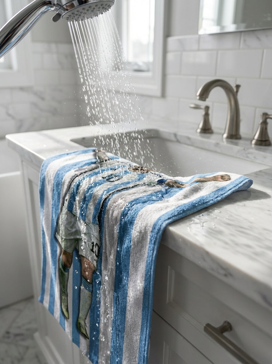 Bathroom scene with towels hanging over a sink and shower head in the background