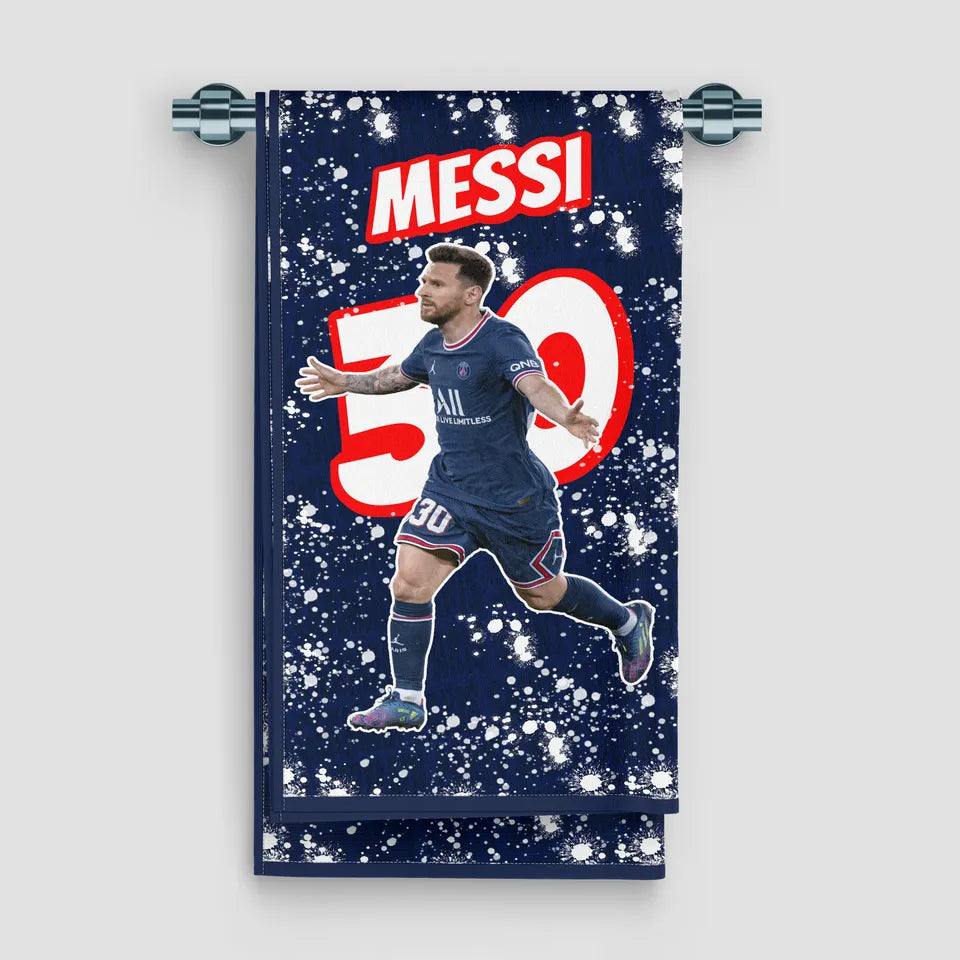 Towel with a soccer player in a blue uniform and 'Messi 30' text on a dark blue background.