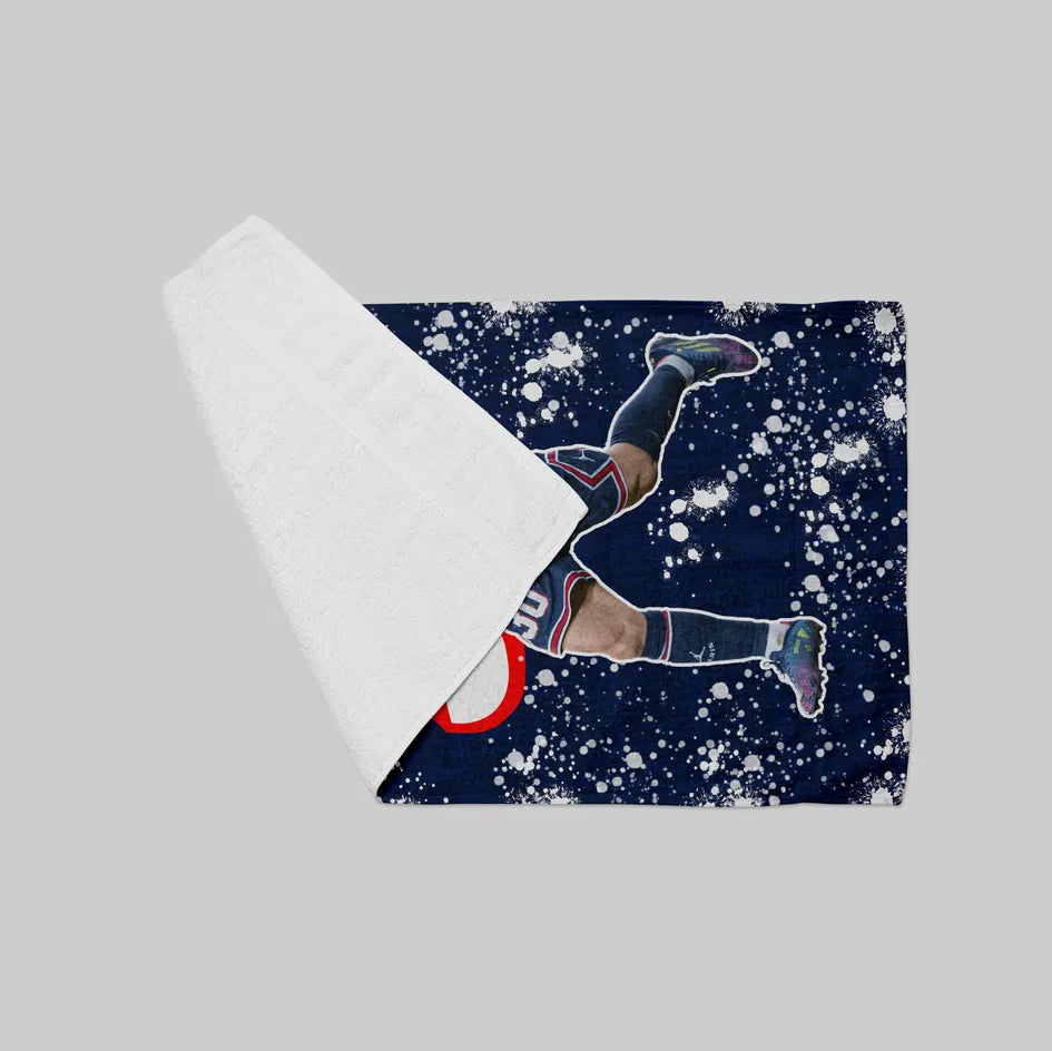 Fleece blanket with a snowflake pattern and person design on a gray background
