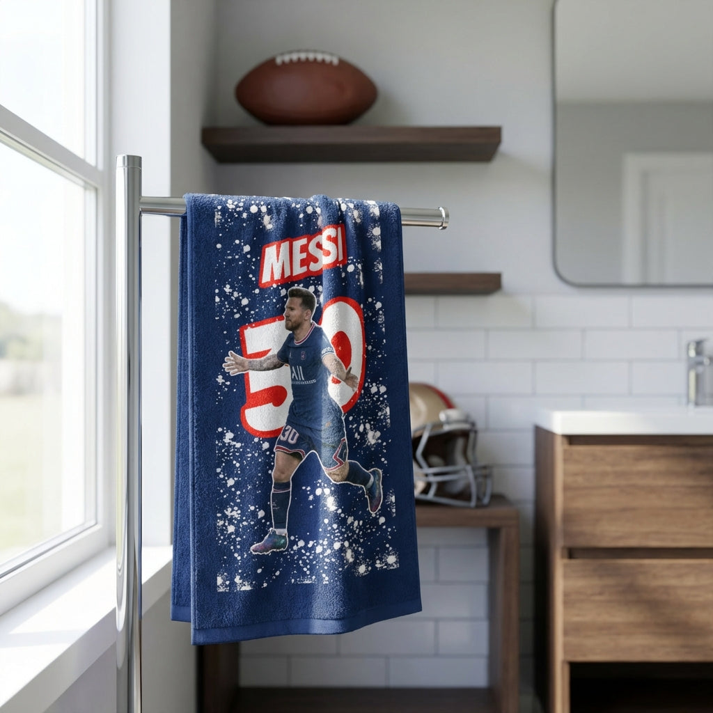 Blue towel with a sports-themed design featuring a player and the name 'Messi' in a bathroom setting.
