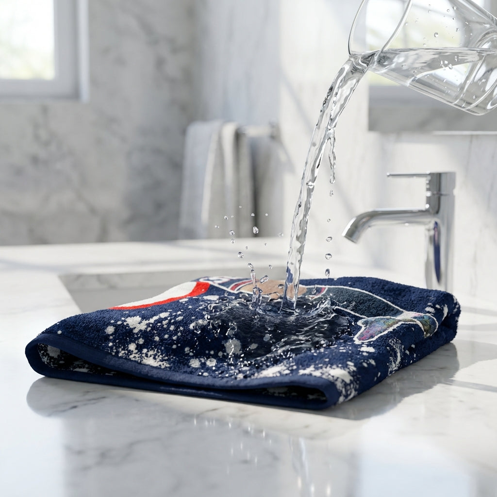 Navy blue towel with red and white accents being rinsed under running water in a kitchen sink.