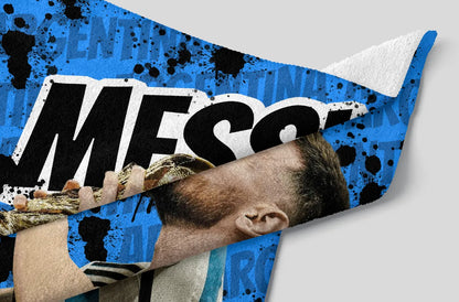 Futuristic helmet with 'Messi' branding on a blue and black abstract background