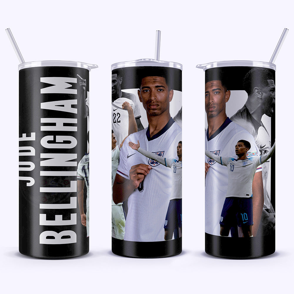 Three tumblers with a soccer player on the cover, featuring the name 'Jude Bellingham'.