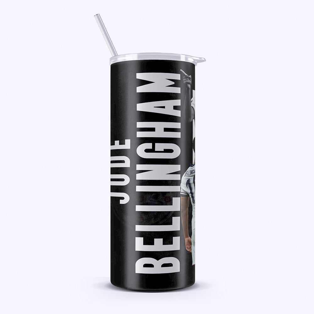 Black tumbler with 'Jude Bellingham' printed on it against a white background