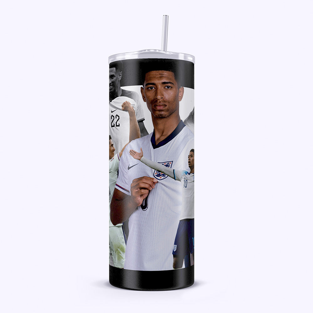 Tumbler with a soccer player in a white jersey design on a white background