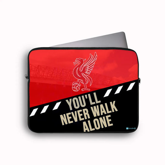 Laptop sleeve with Liverpool FC logo and 'You'll Never Walk Alone' text on a red and black background
