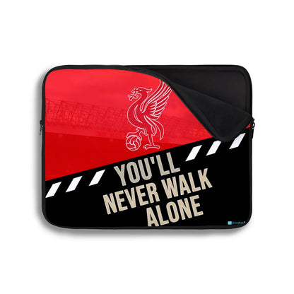 Laptop sleeve with red and black design, featuring a logo and text on a white background