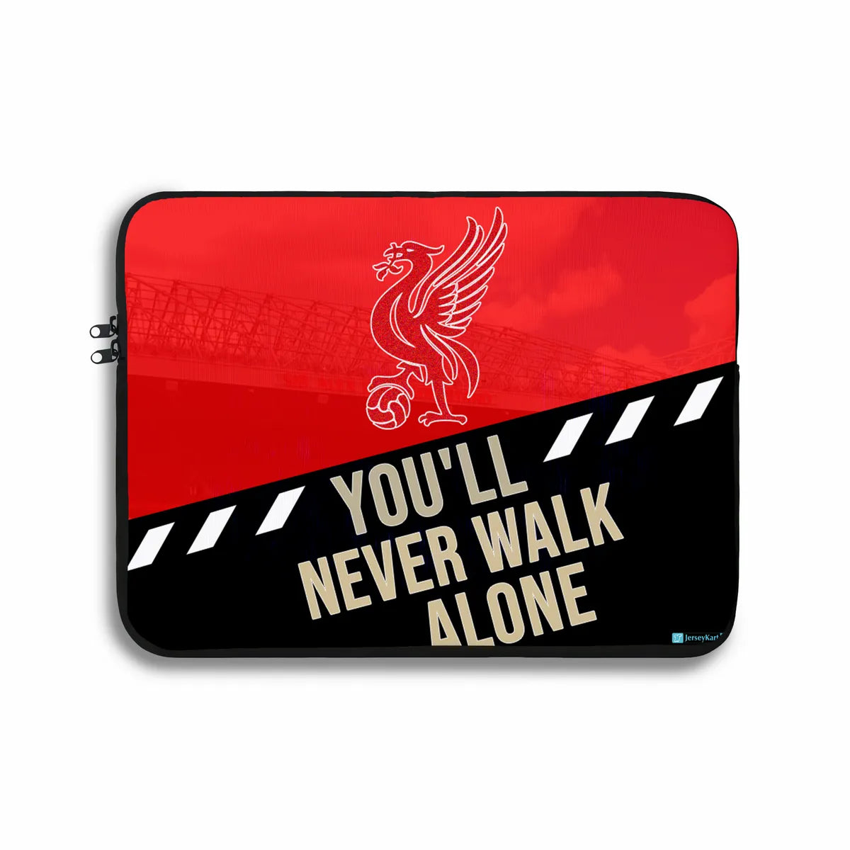 Laptop sleeve with Liverpool FC logo and 'You'll Never Walk Alone' text on a red and black background