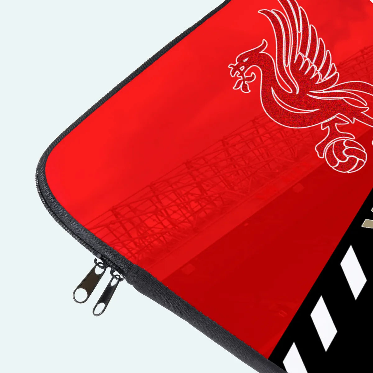 Red pouch with a white logo on a light gray background