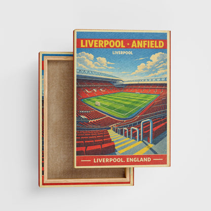 Stylized poster of Liverpool Anfield stadium on a box with a white background
