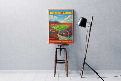 Poster of Liverpool Anfield stadium on a stool against a gray wall.