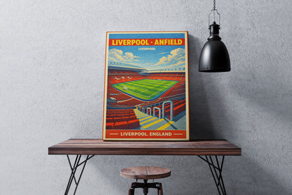 Framed poster of Liverpool Anfield on a wooden table against a gray wall.