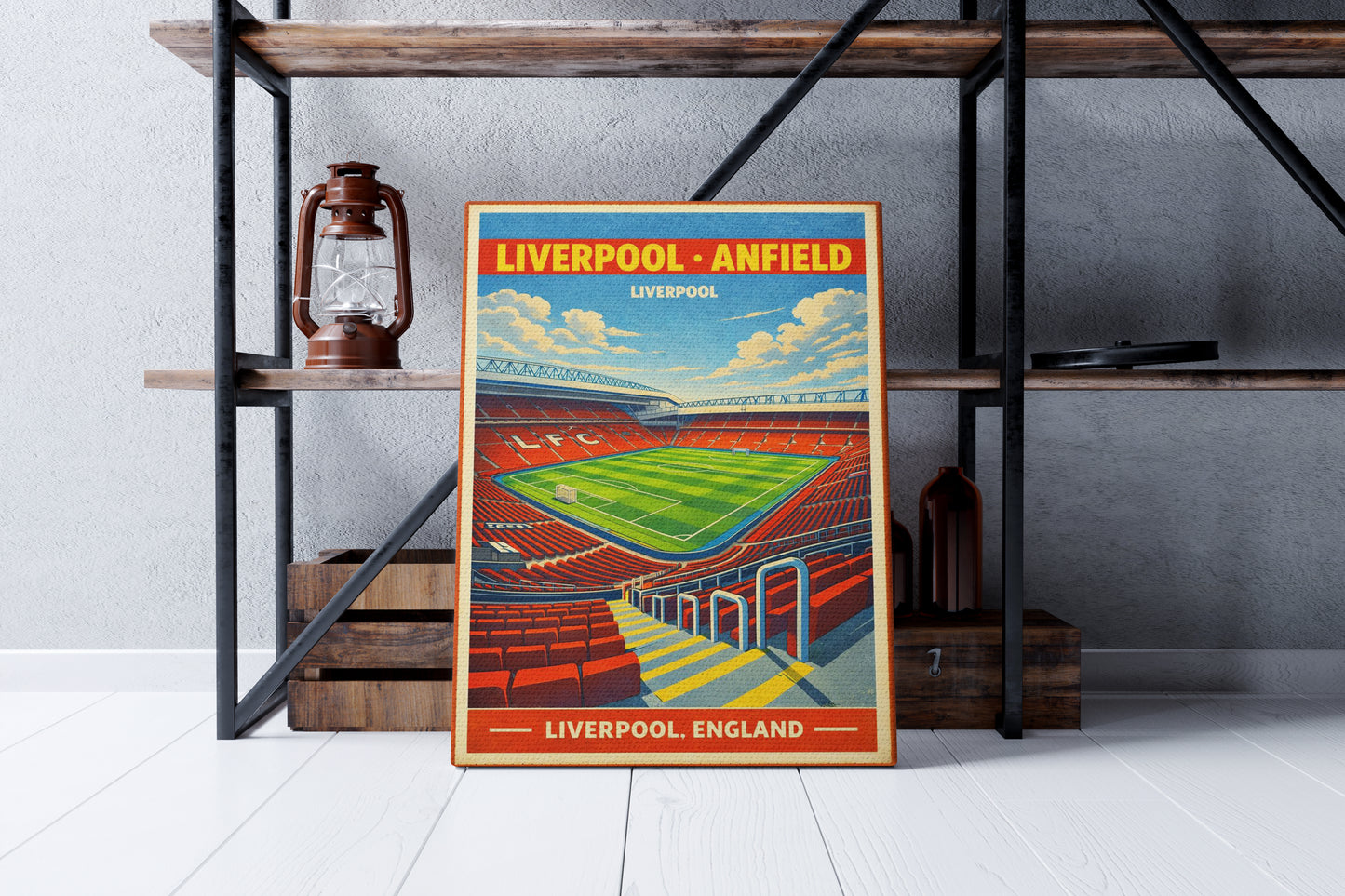 Poster of Liverpool Anfield stadium on a shelf with decorative items.