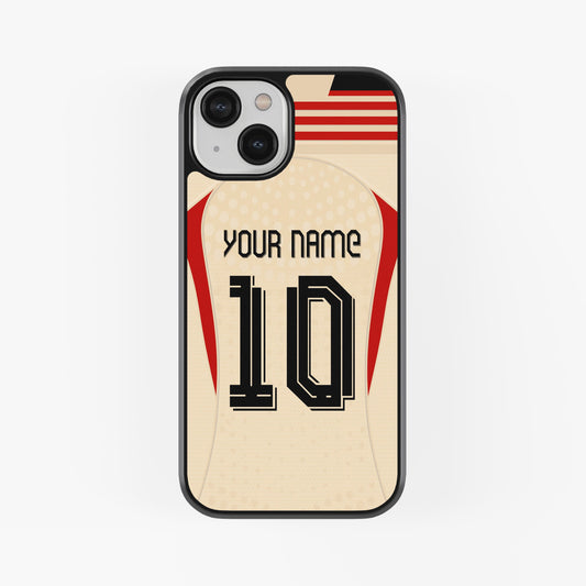 Phone case with customizable name and number on a beige background