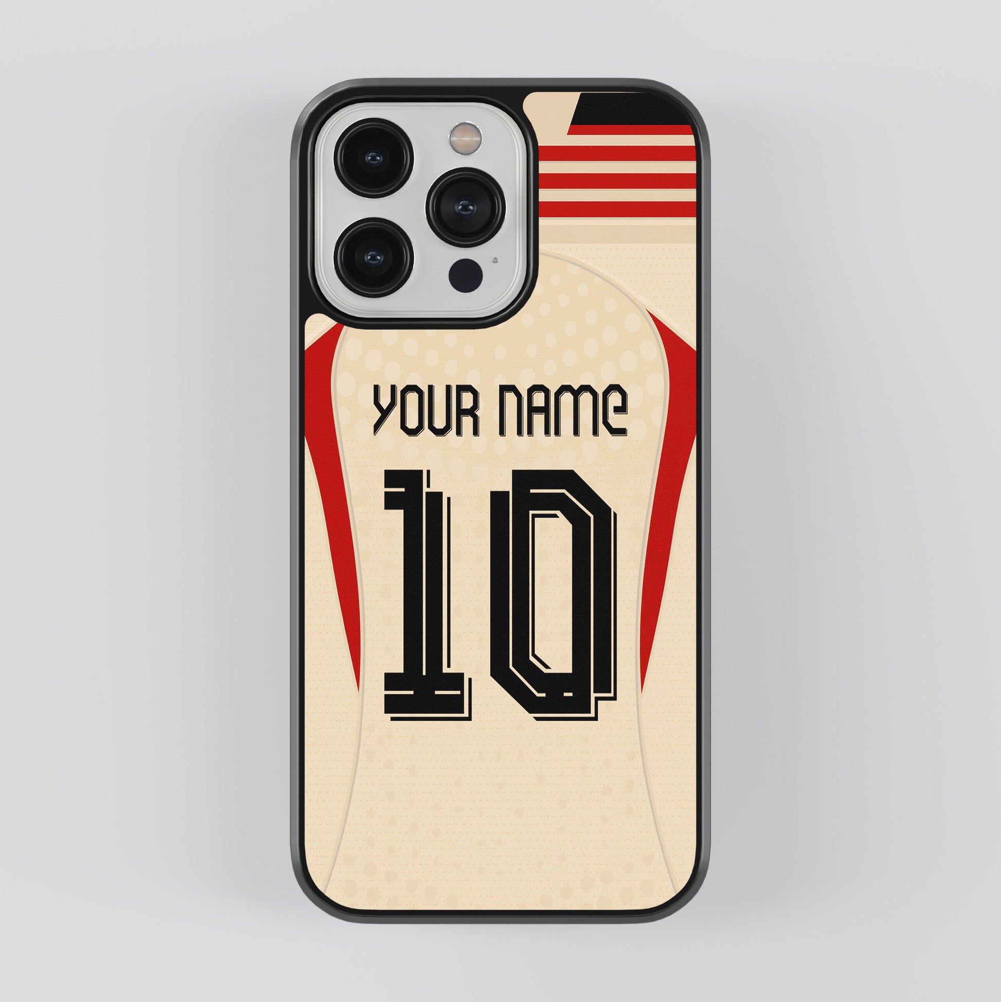 Phone case with customizable name and number on a light gray background