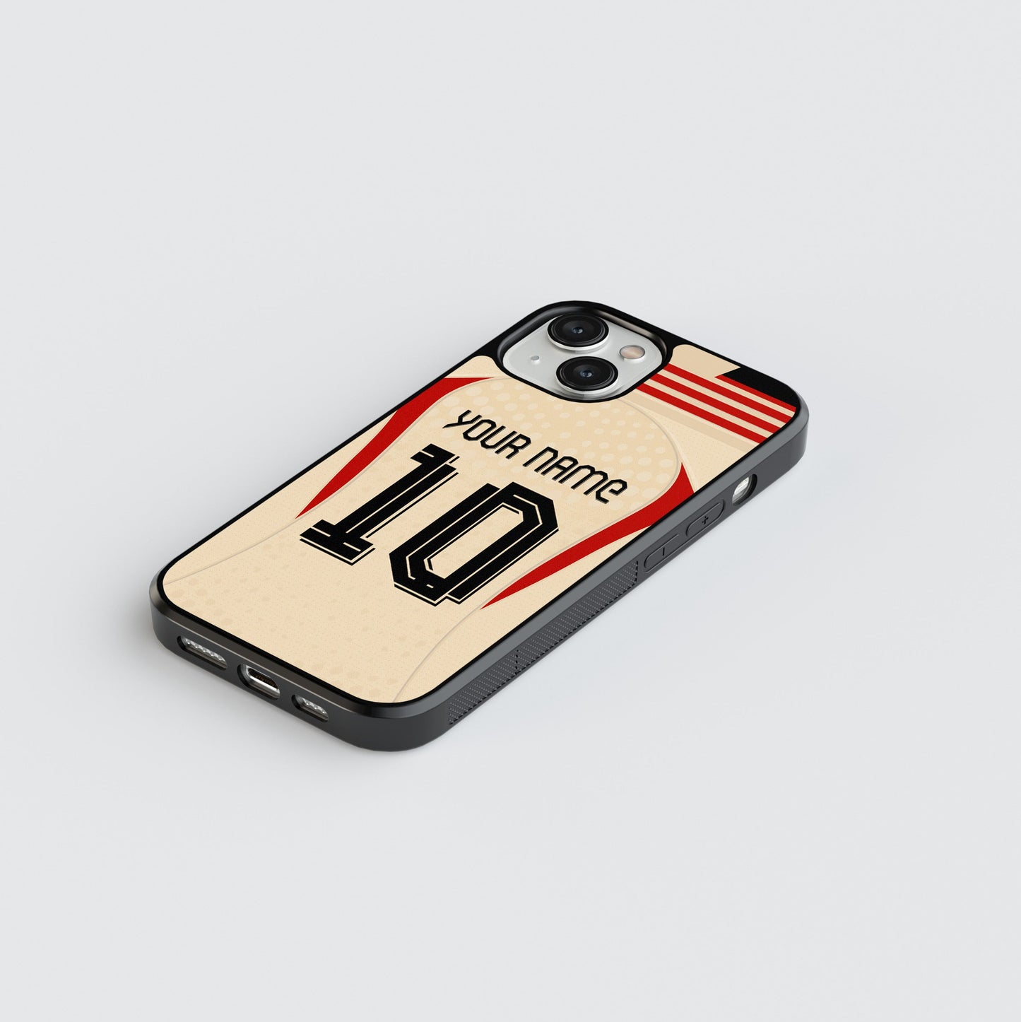 Phone case with customizable text on a light gray background