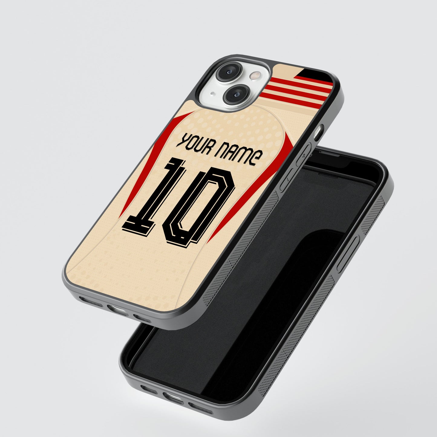 Phone case with customizable text on a light gray background